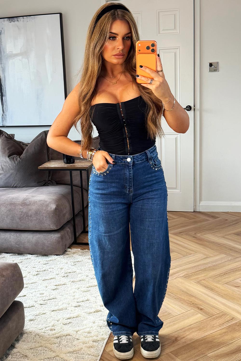 wide leg baggy jeans with studs on the sides womens denim styledup zara uk