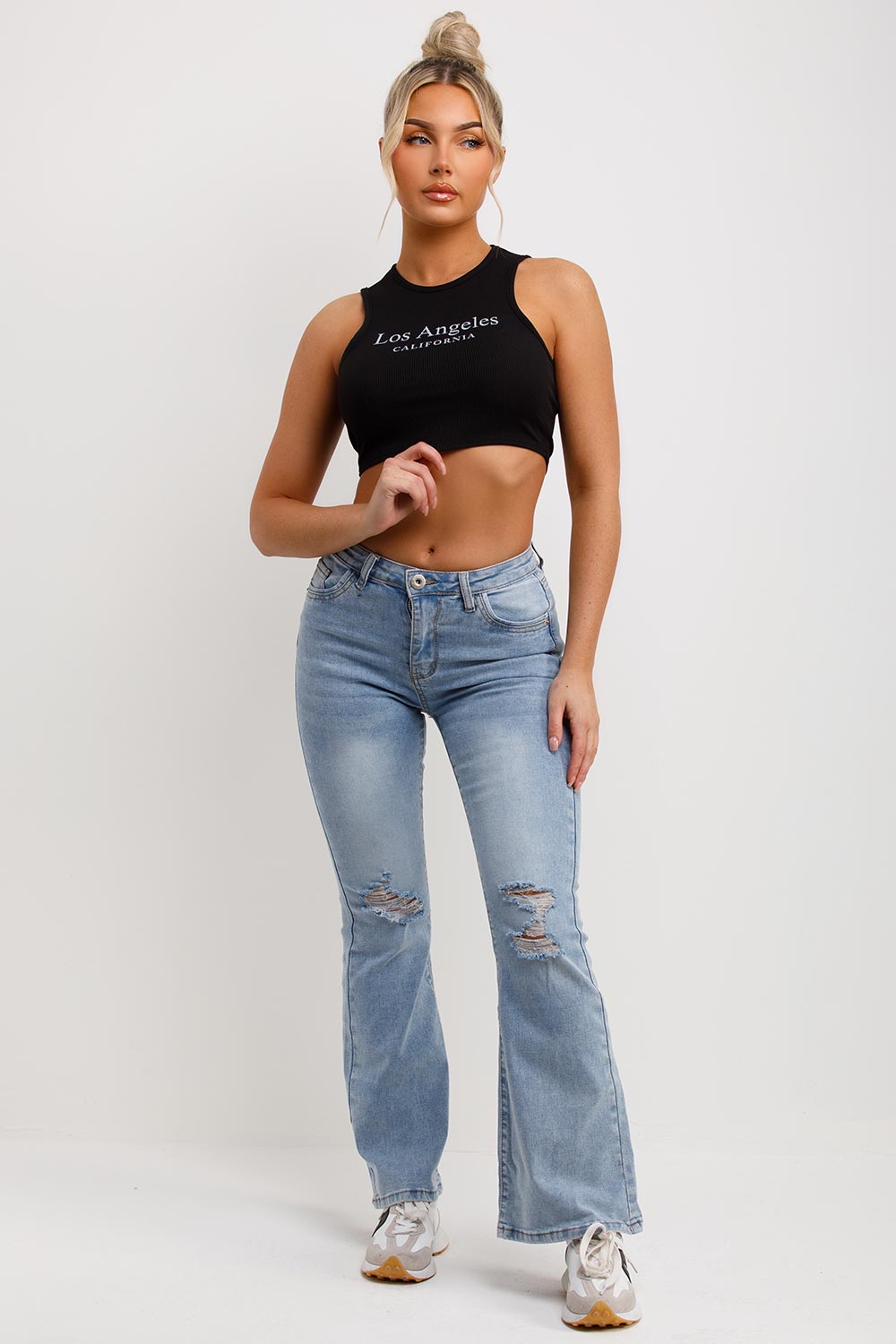 light wash denim flared leg jeans