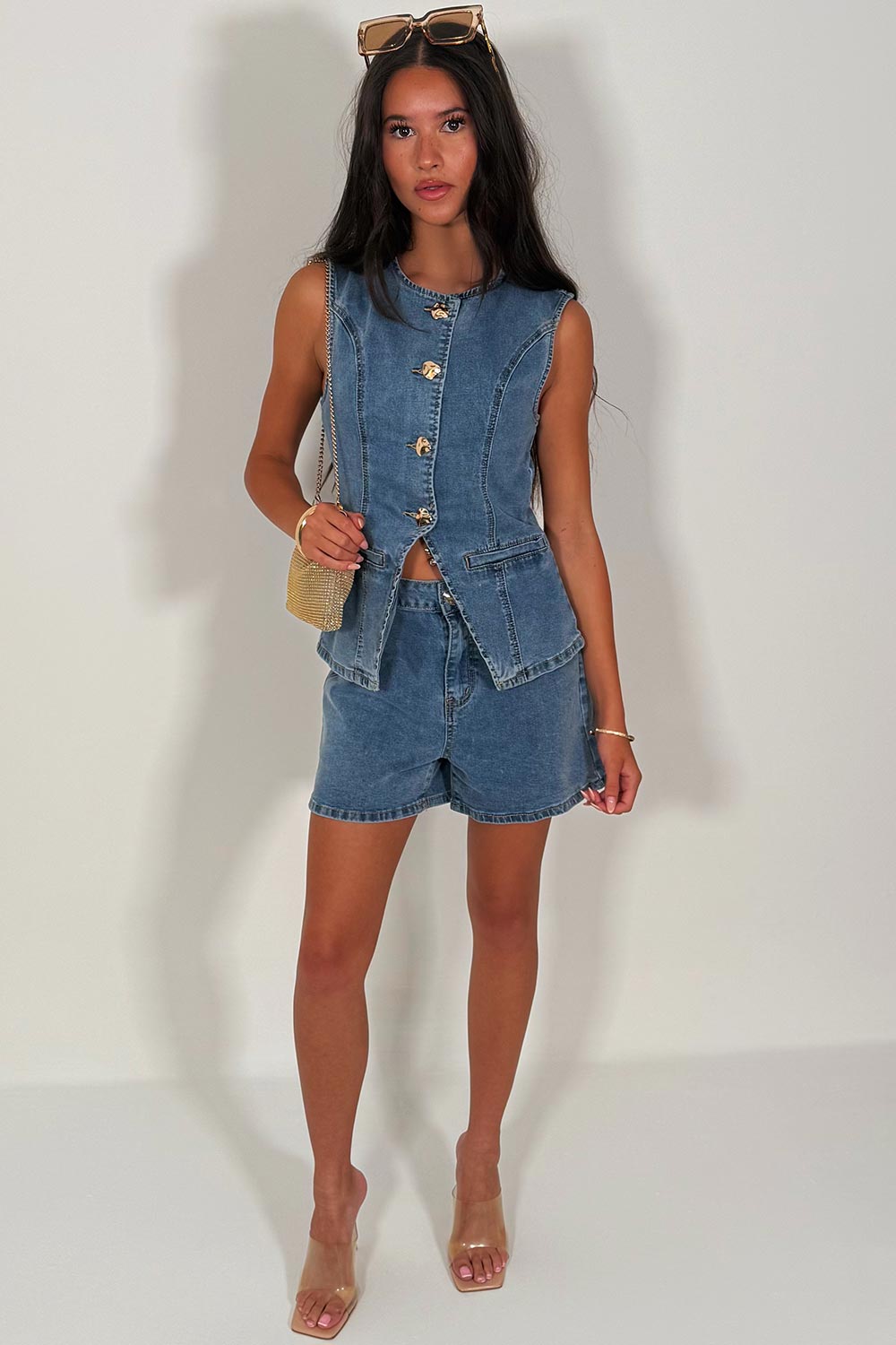 denim shorts and waistcoat co ord with gold buttons styledup uk