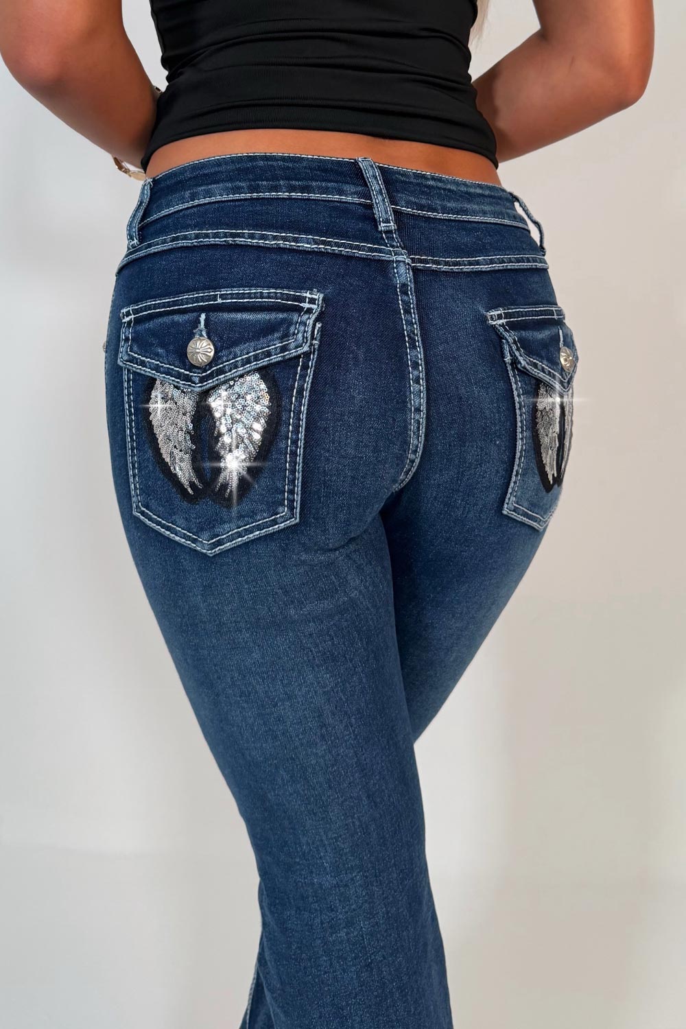 womens boot cut diamante sequin wings pocket jeans styledup uk