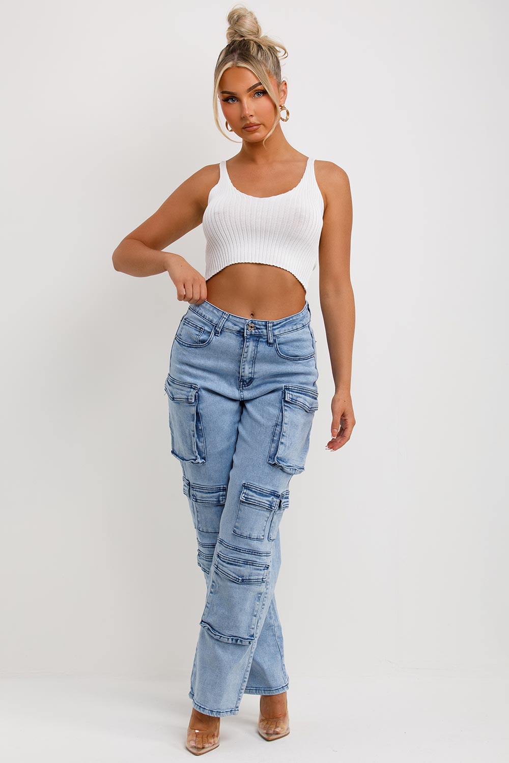 light wash denim blue cargo jeans womens