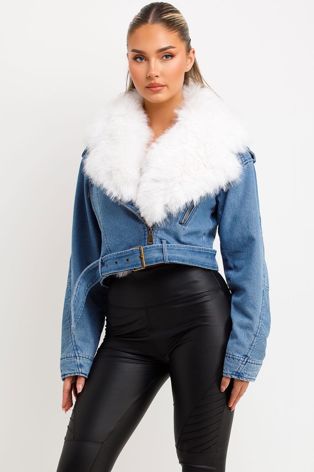 denim aviator jacket with faux fur collar styledup