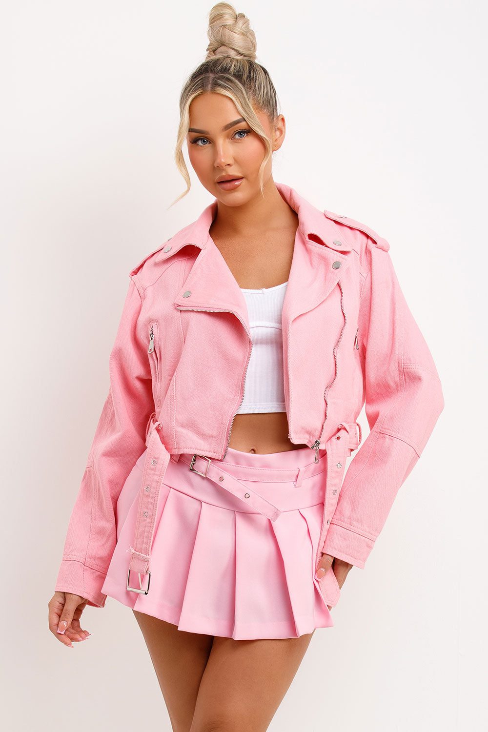 womens zara denim pink jacket with lapel collar