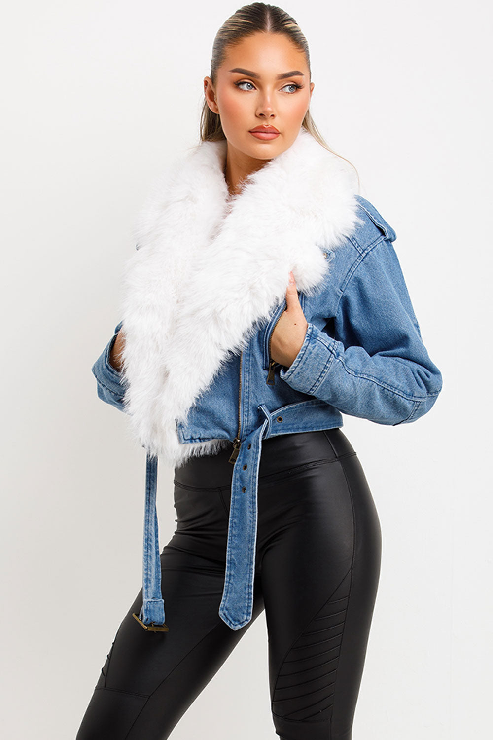 faux fur collar denim aviator jacket styledup