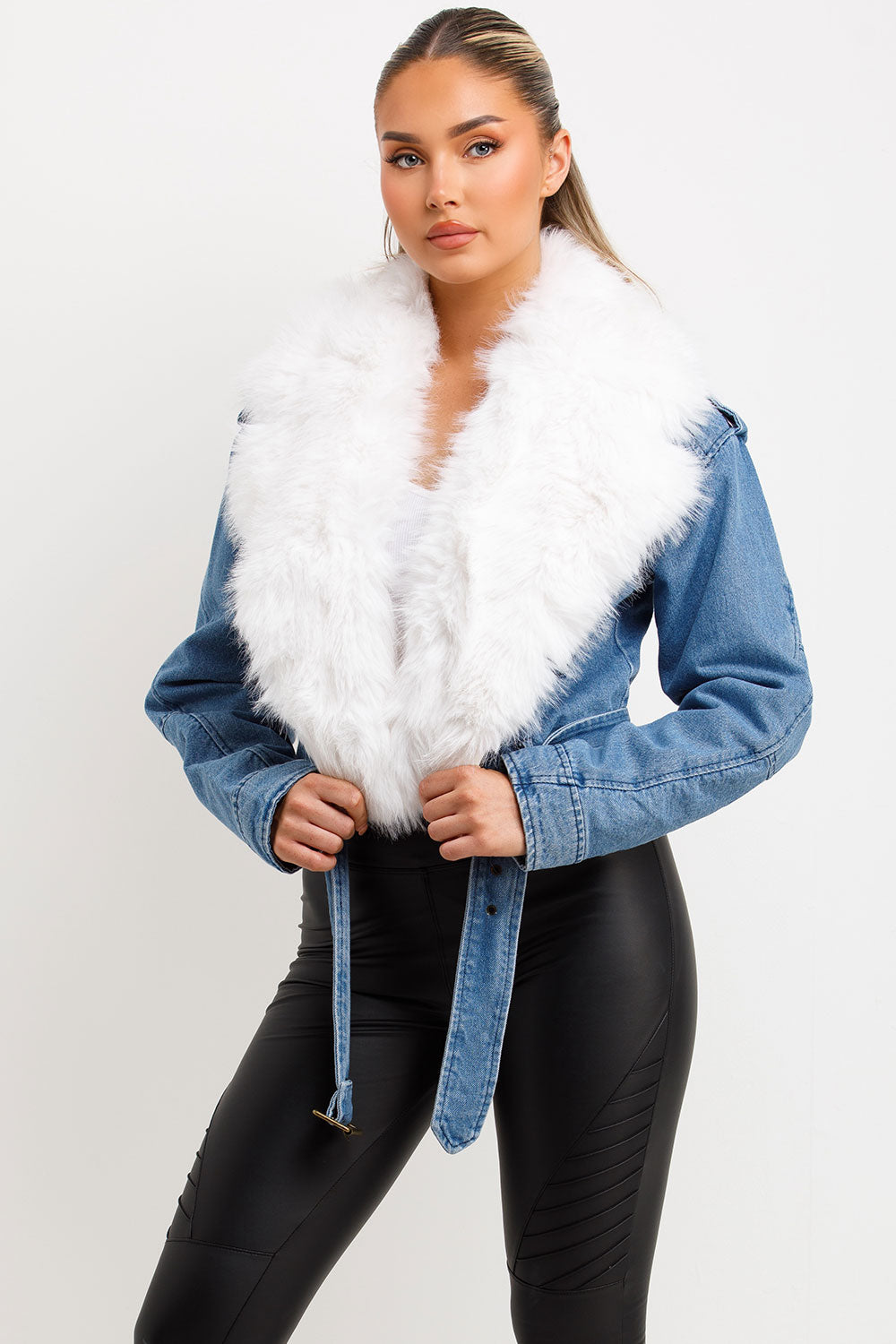 denim aviator jacket with faux fur collar styledup