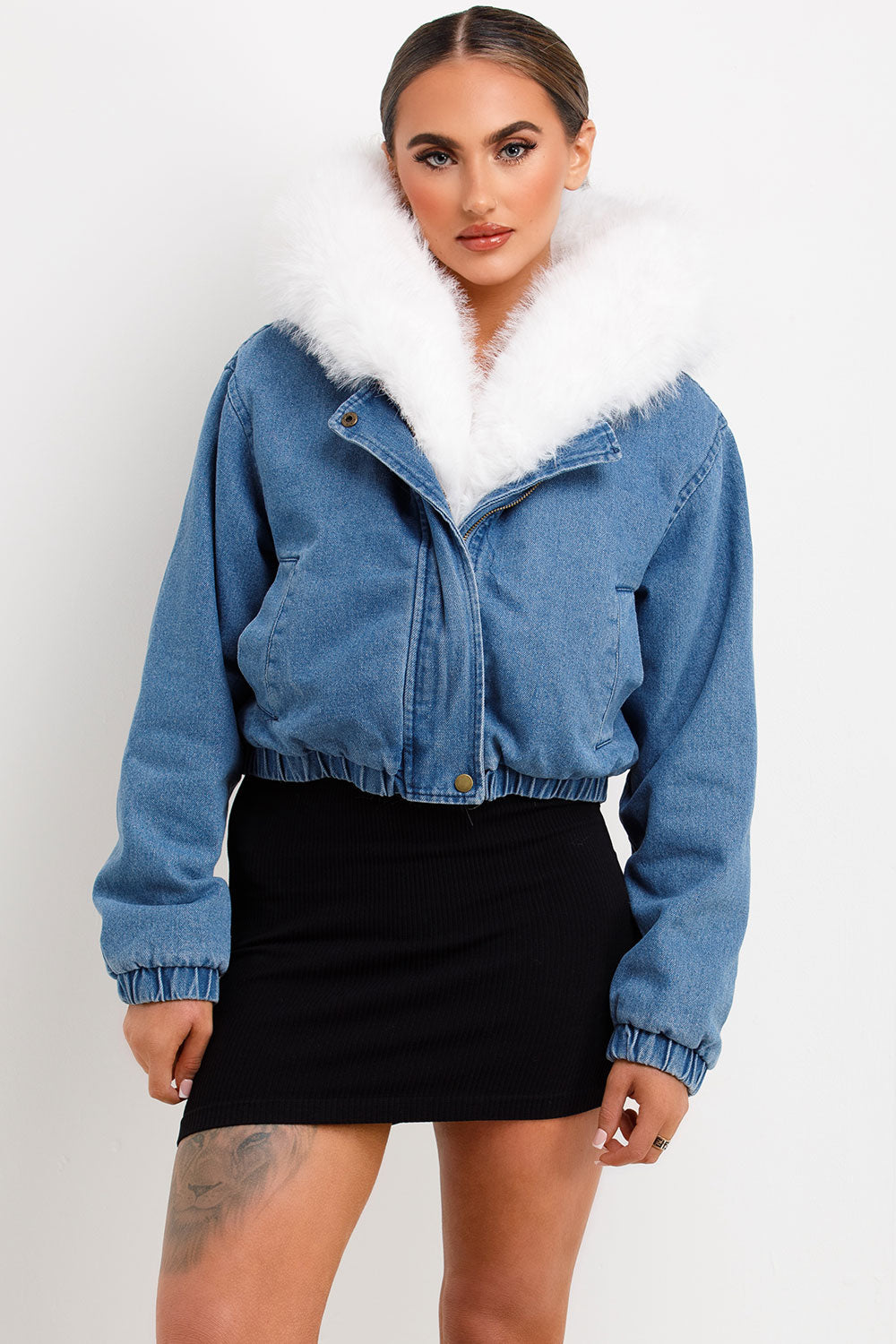 white faux fur hood denim jacket styledup