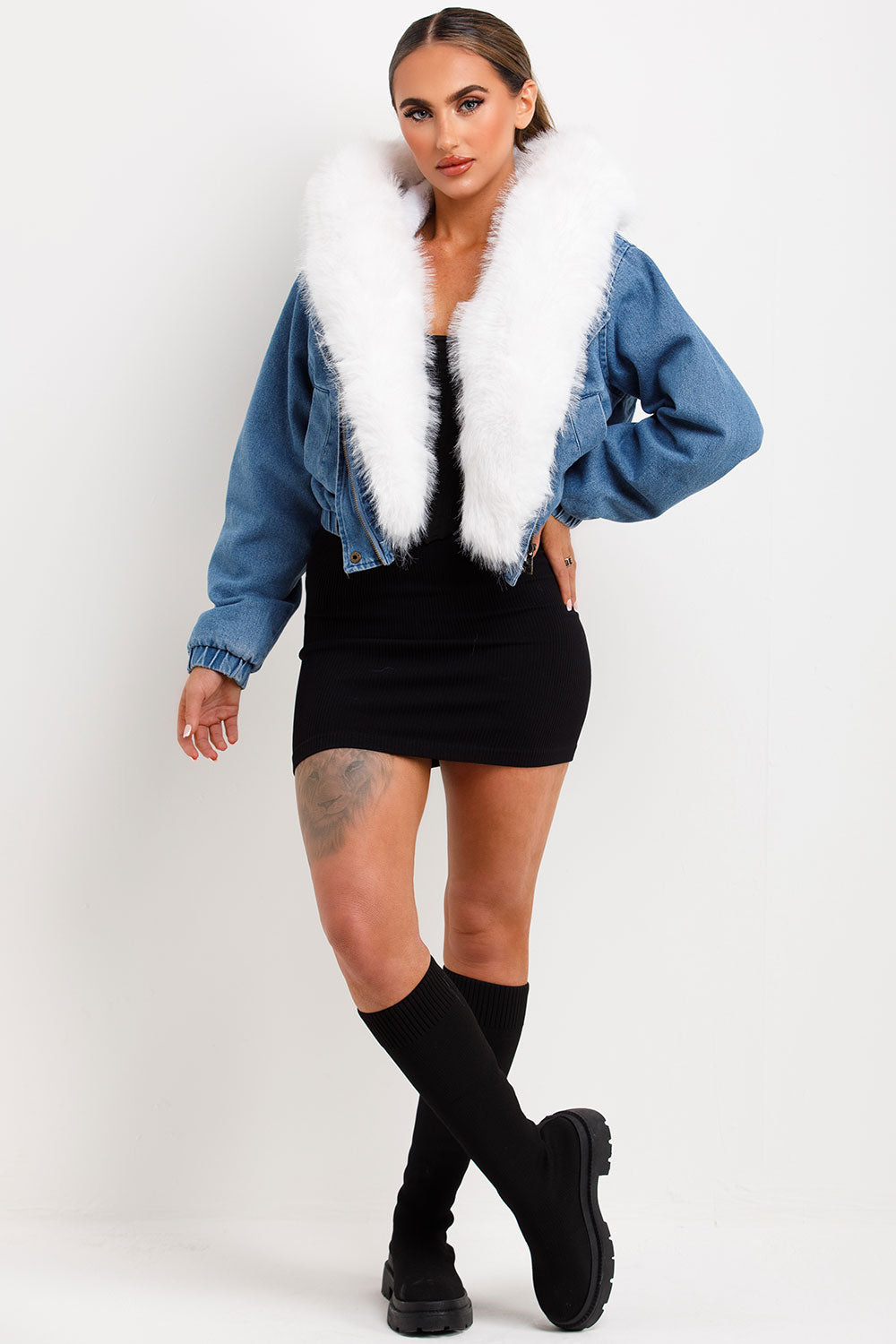 womens white fur hood denim bomber jacket styledup