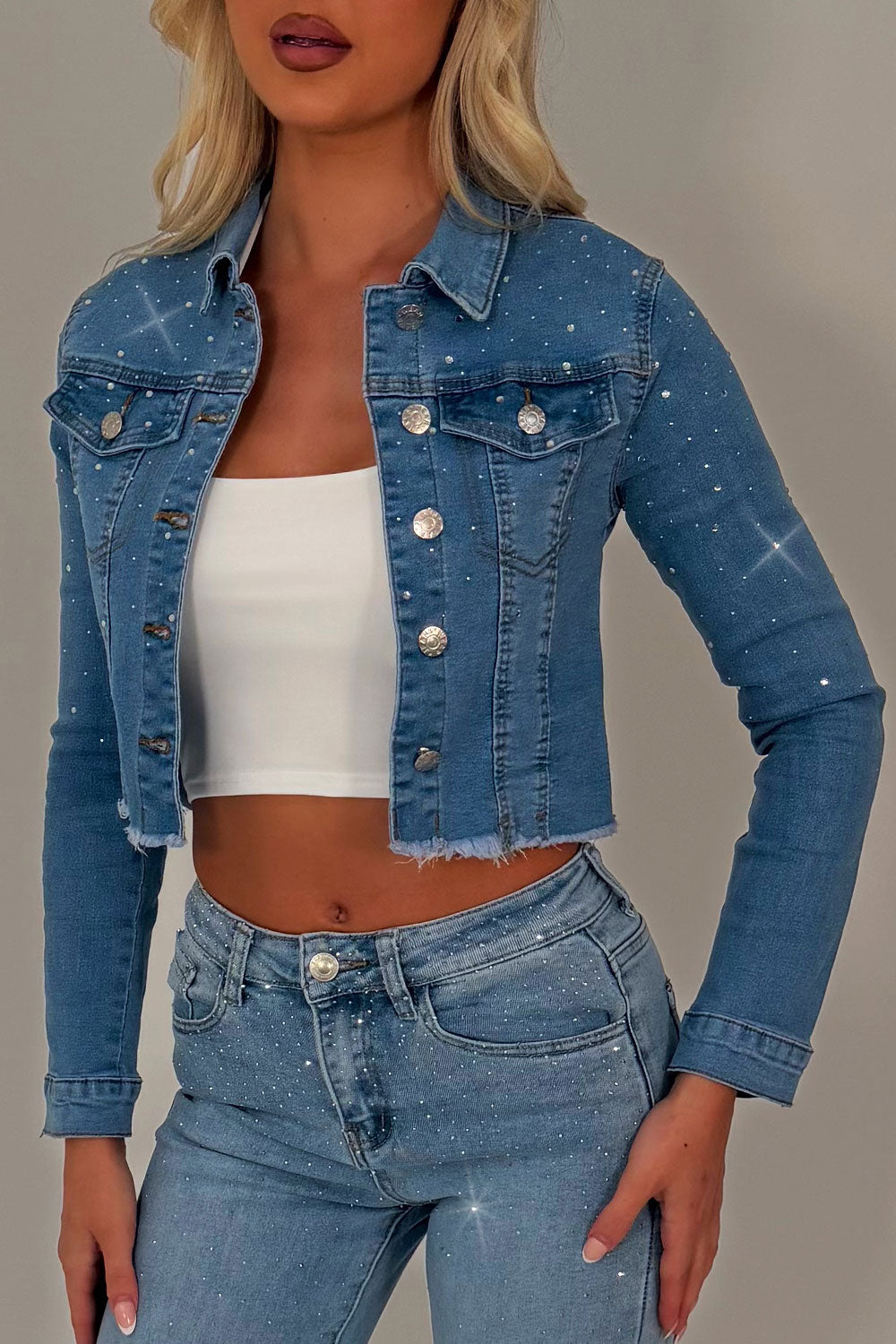rhinestone diamante crop denim jacket denim blue