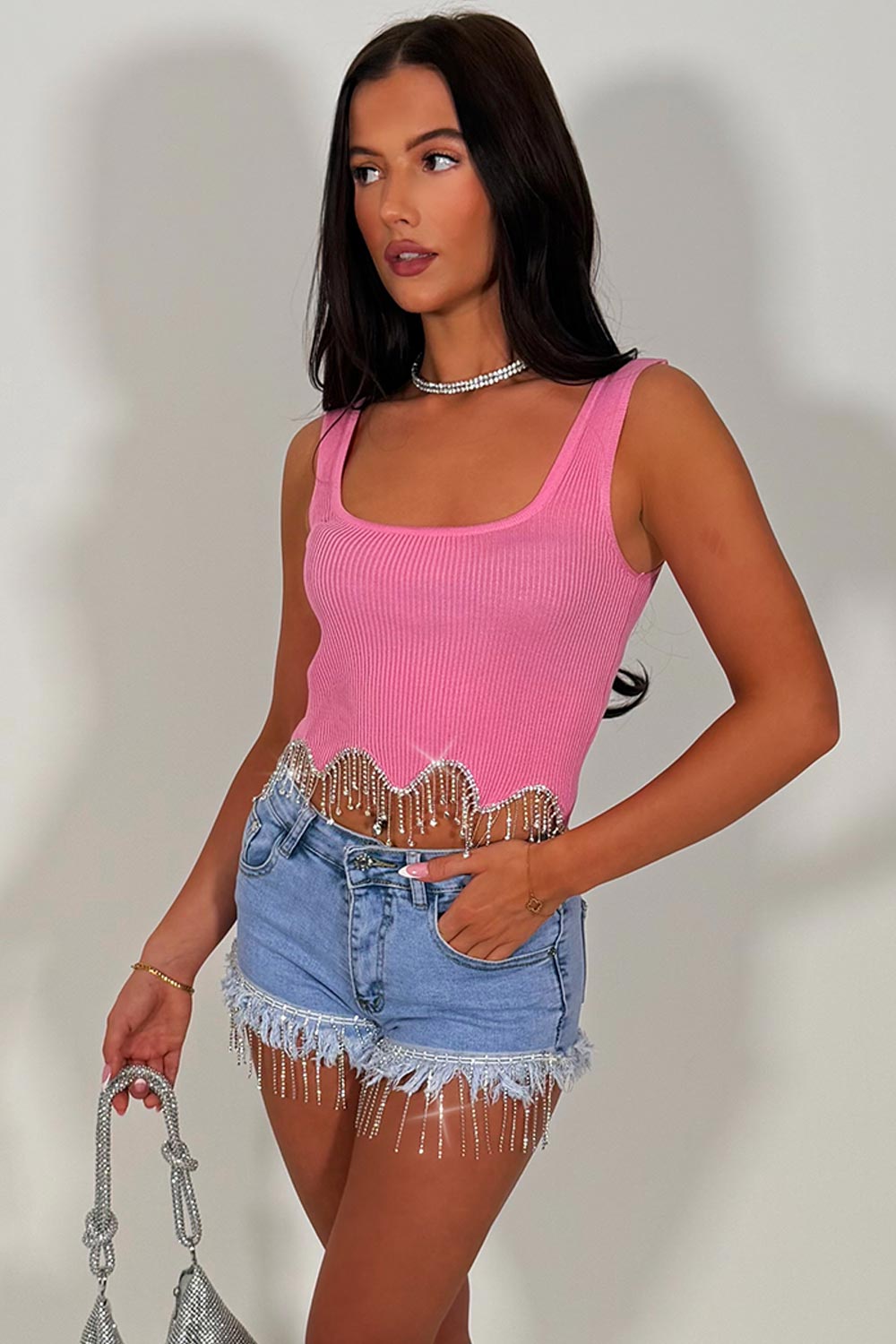 sparkly diamante trim mini denim shorts festival holiday outfit styledup fashion