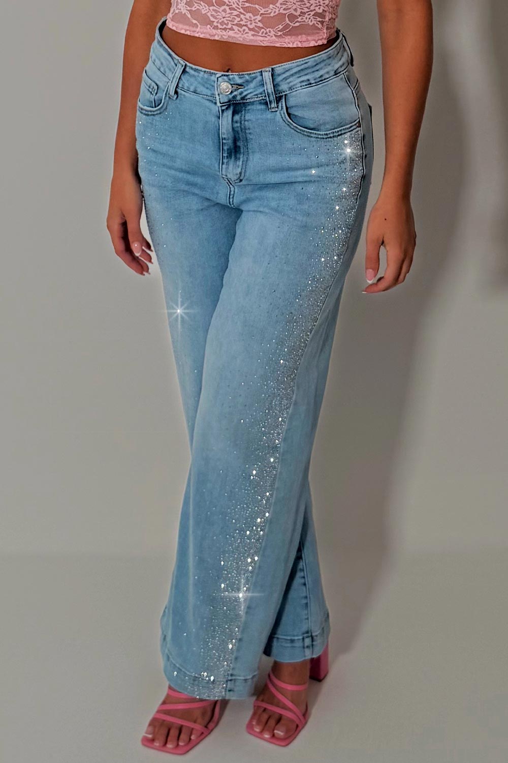 diamante rhinestone high waisted jeans denim blue womens