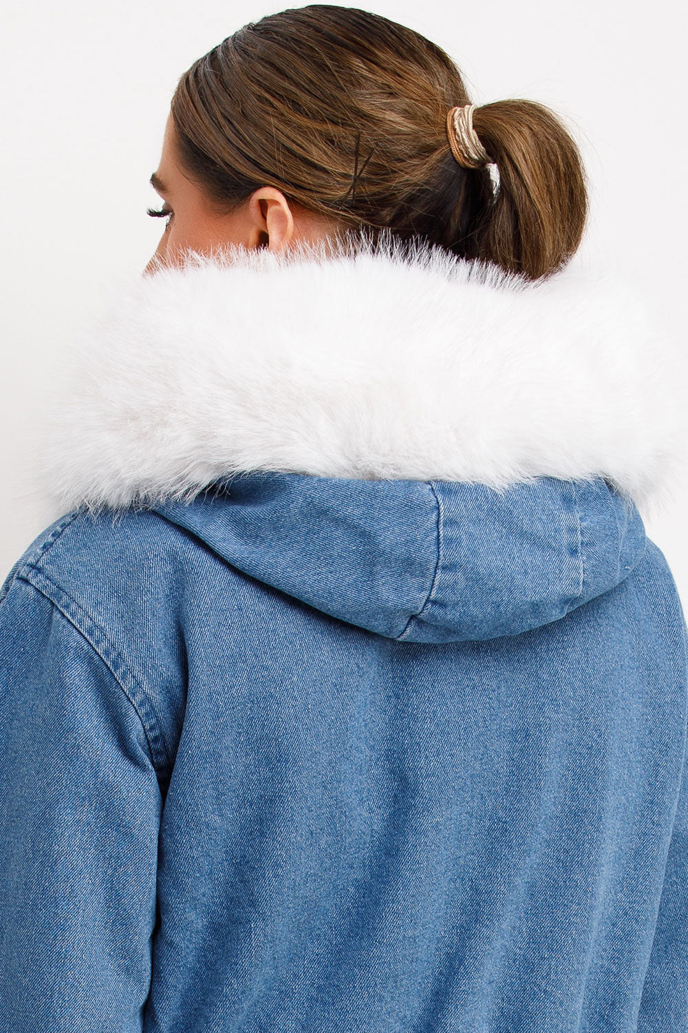 womens white fur hood denim jacket with fur hood and trim