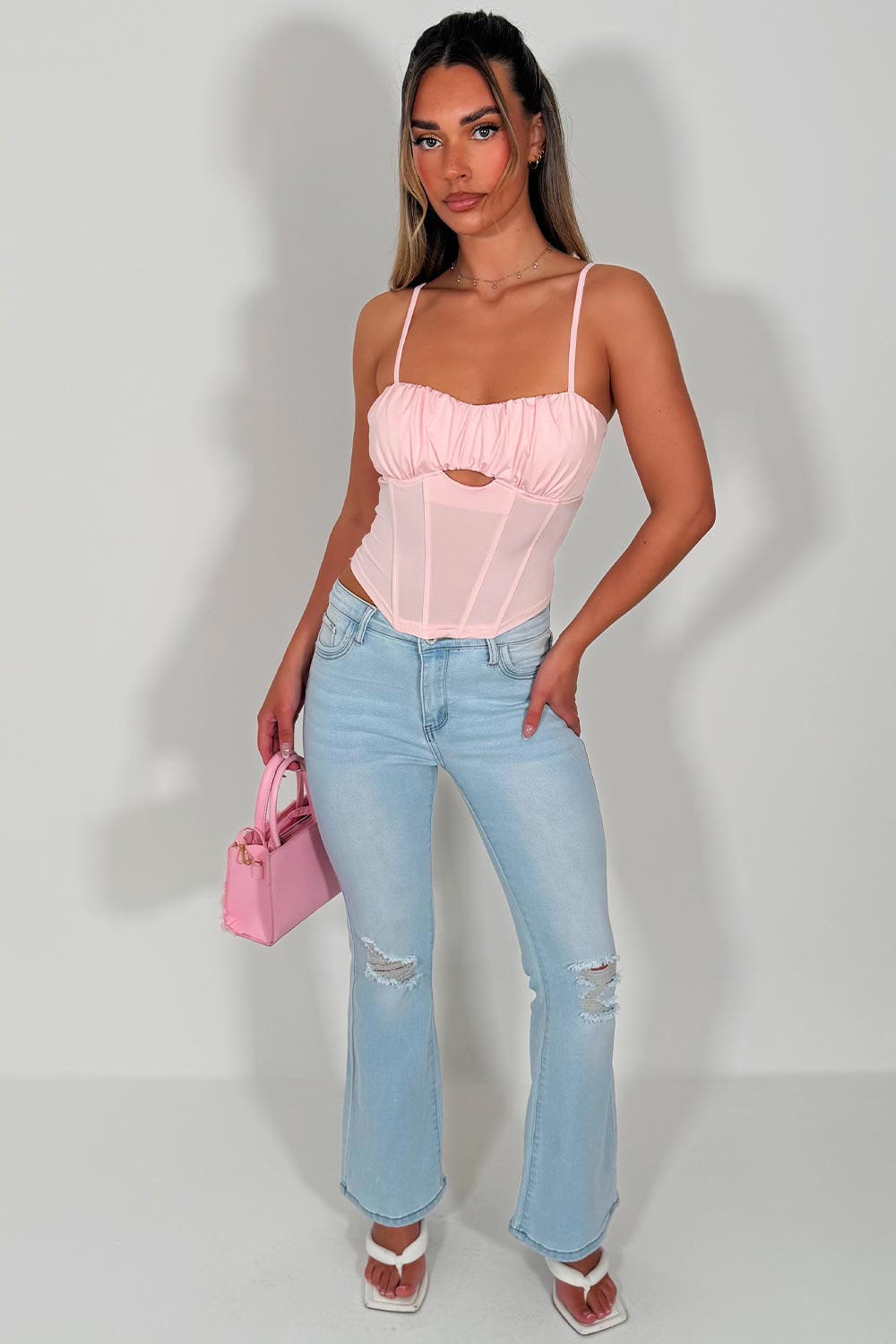 womens denim jeans with diamante rhinestone bow detail flared leg low rise zara uk