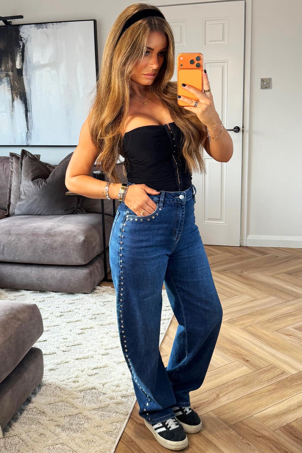 womens wide leg baggy jeans with studs styledup