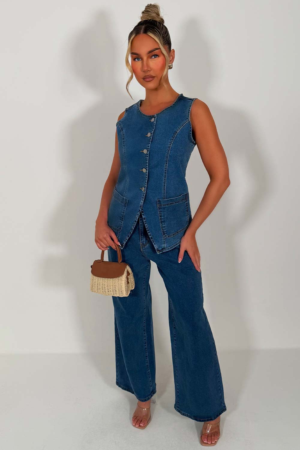 waistcoat and wide leg jeans matching denim two piece set blue styledup