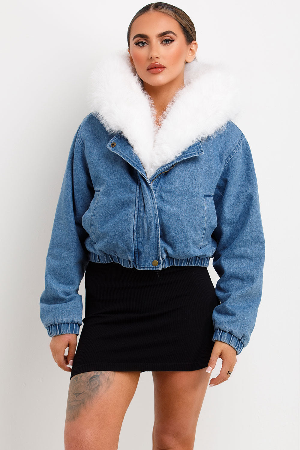 womens white faux fur hood bomber jacket styledup