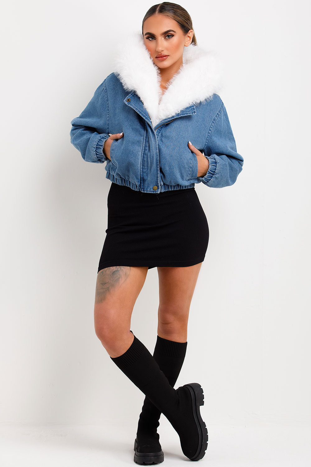 denim bomber jacket with fur hood and trim