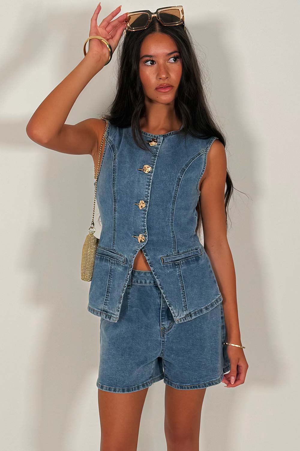 gold button denim sleeveless waistcoat top and shorts two piece occasion outfit styledup uk