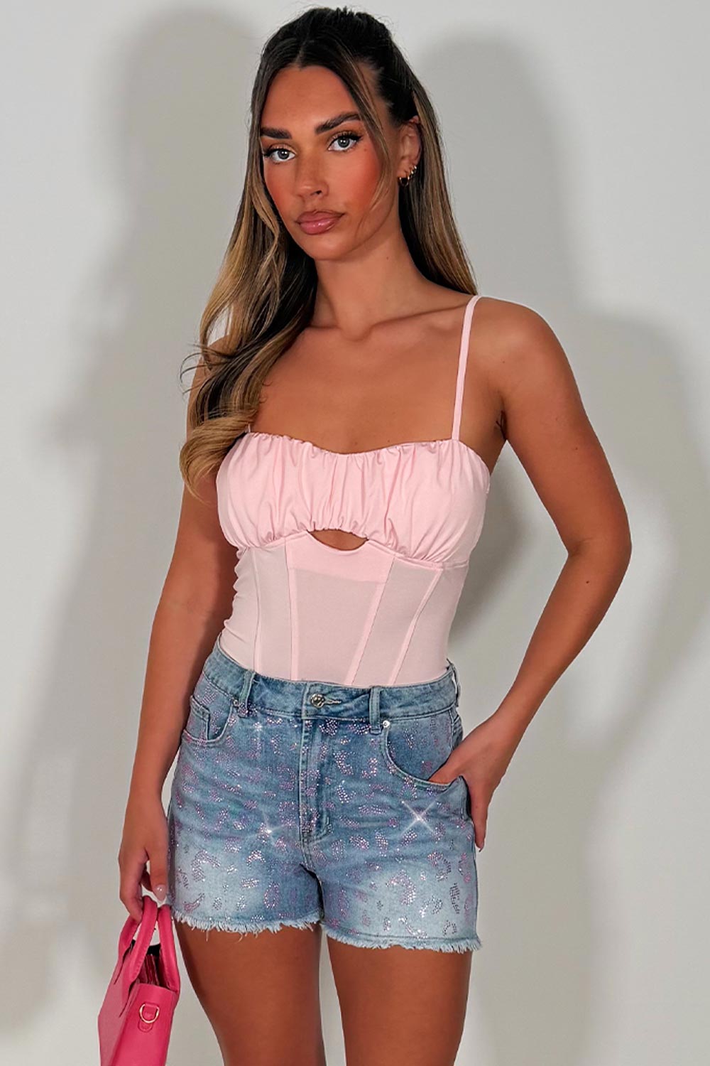 women's denim blue shorts with diamante rhinestones applique styledup uk