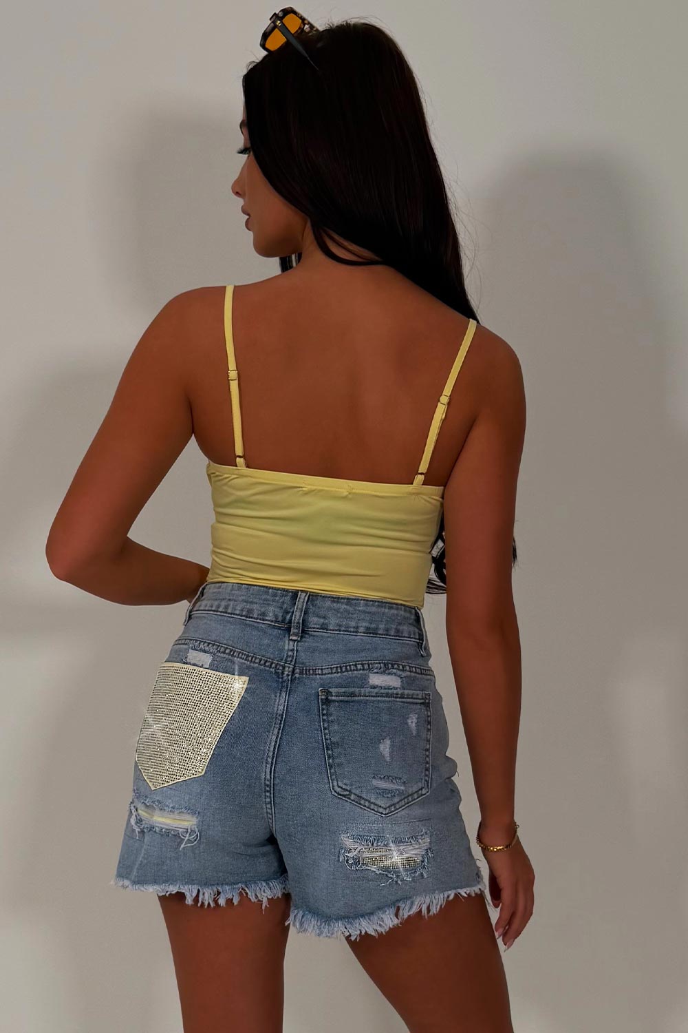 diamante rhinestone pocket denim blue shorts womens uk