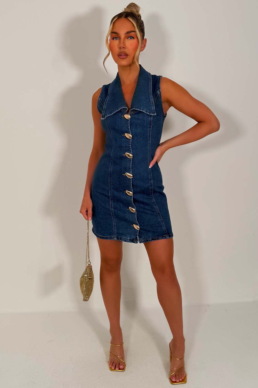 denim gold button sleevless dress styledup fashion
