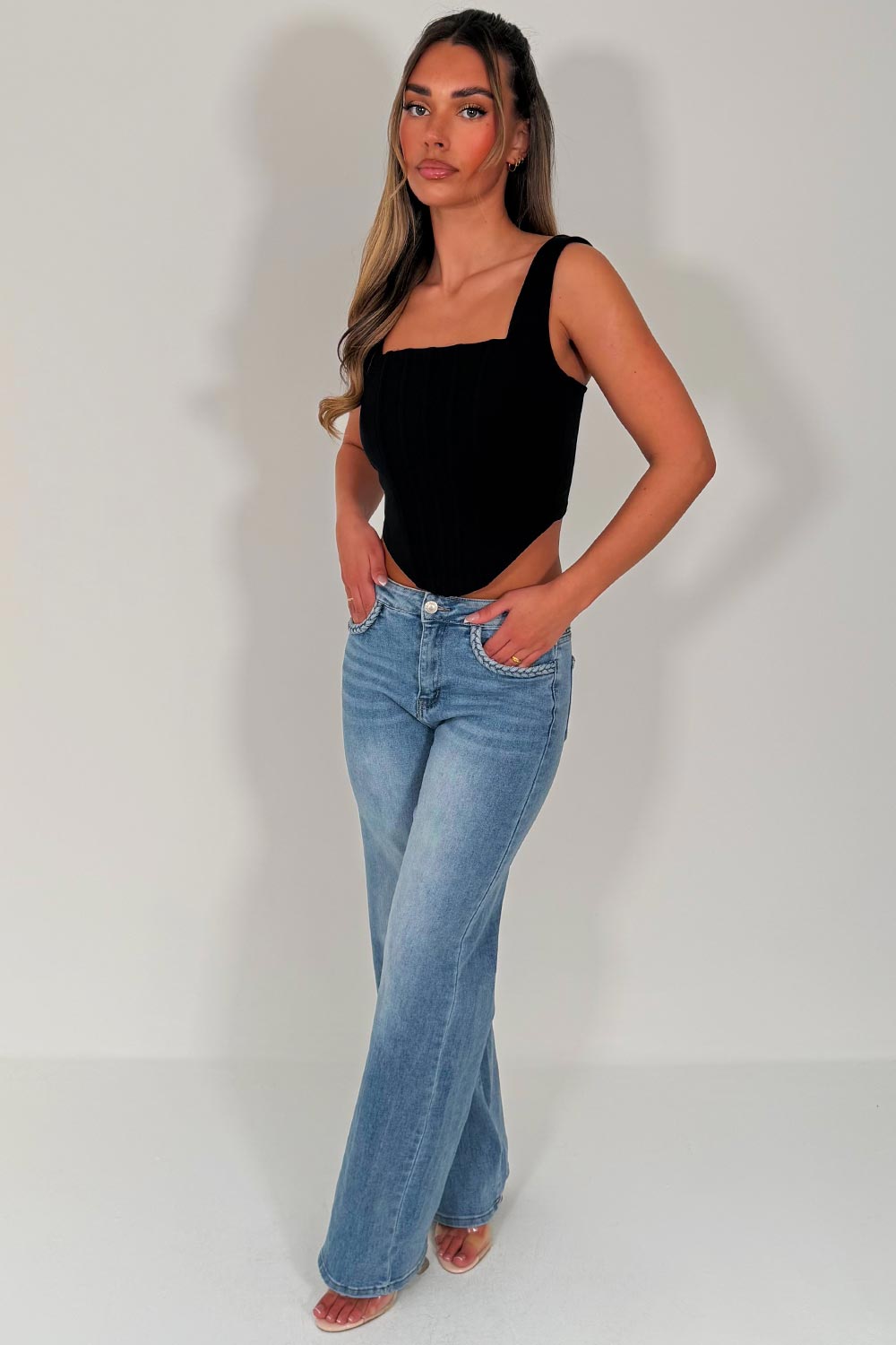 womens mid rise wide leg stretchy denim jeans zara uk