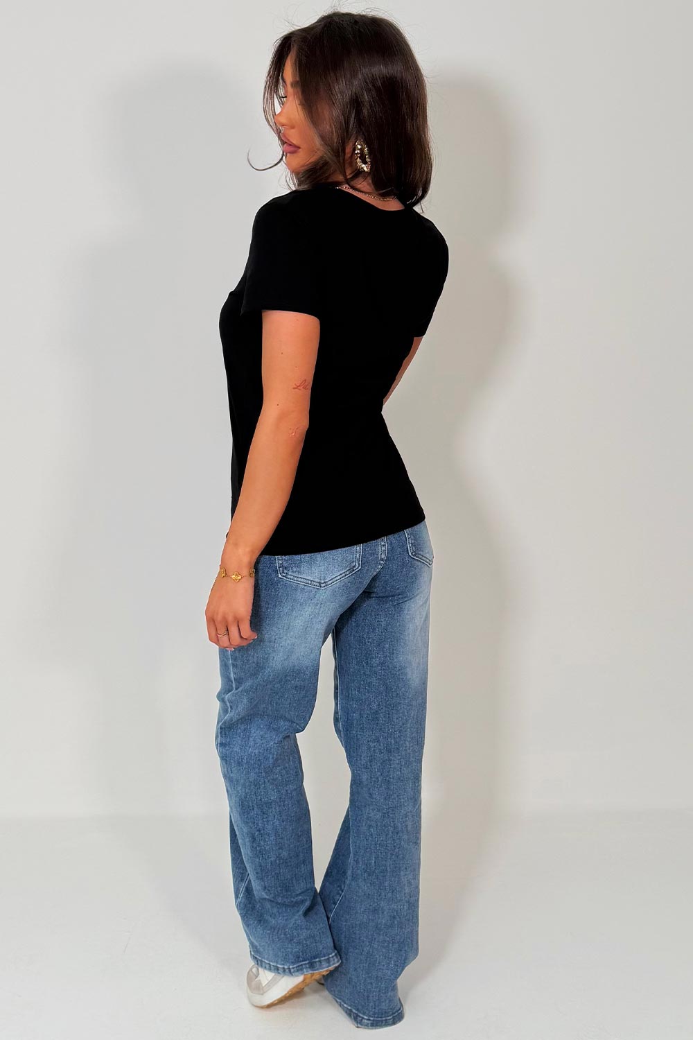 womens rhinestone diamante blessed slogan embellishment t shirt black