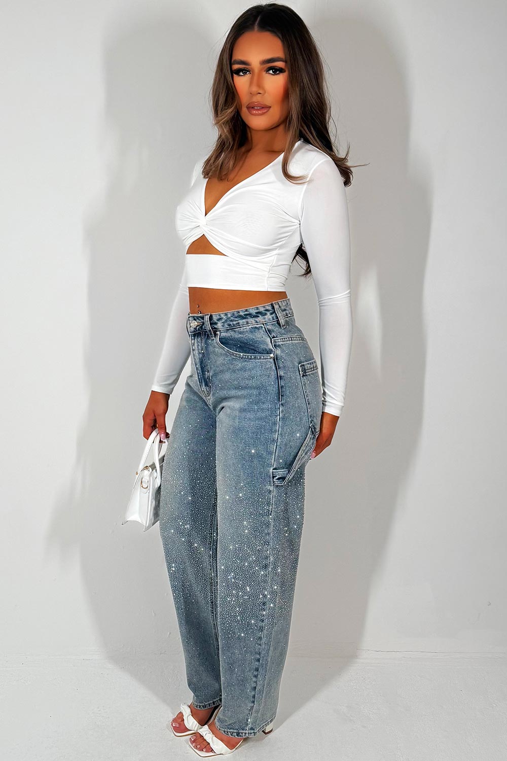 diamante rhinestone relaxed oversize denim blue jeans womens uk