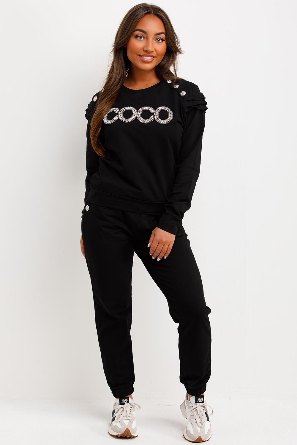 diamante ruffle frill shoulder gold button tracksuit set womens coco slogan