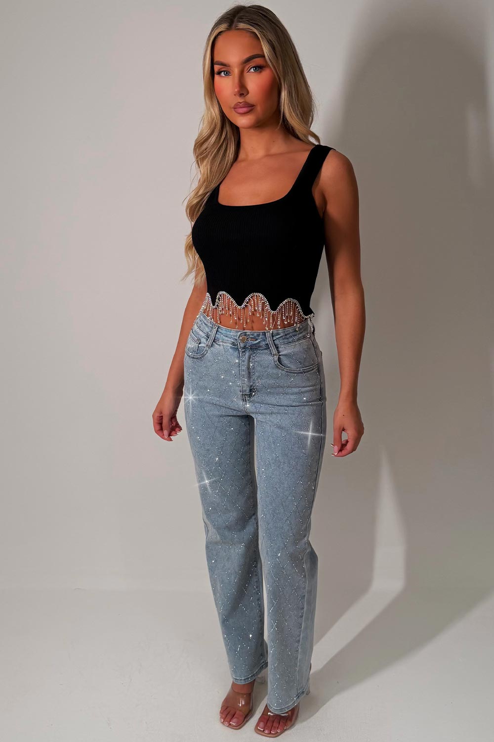 womens wide leg diamante jeans styledup uk sale