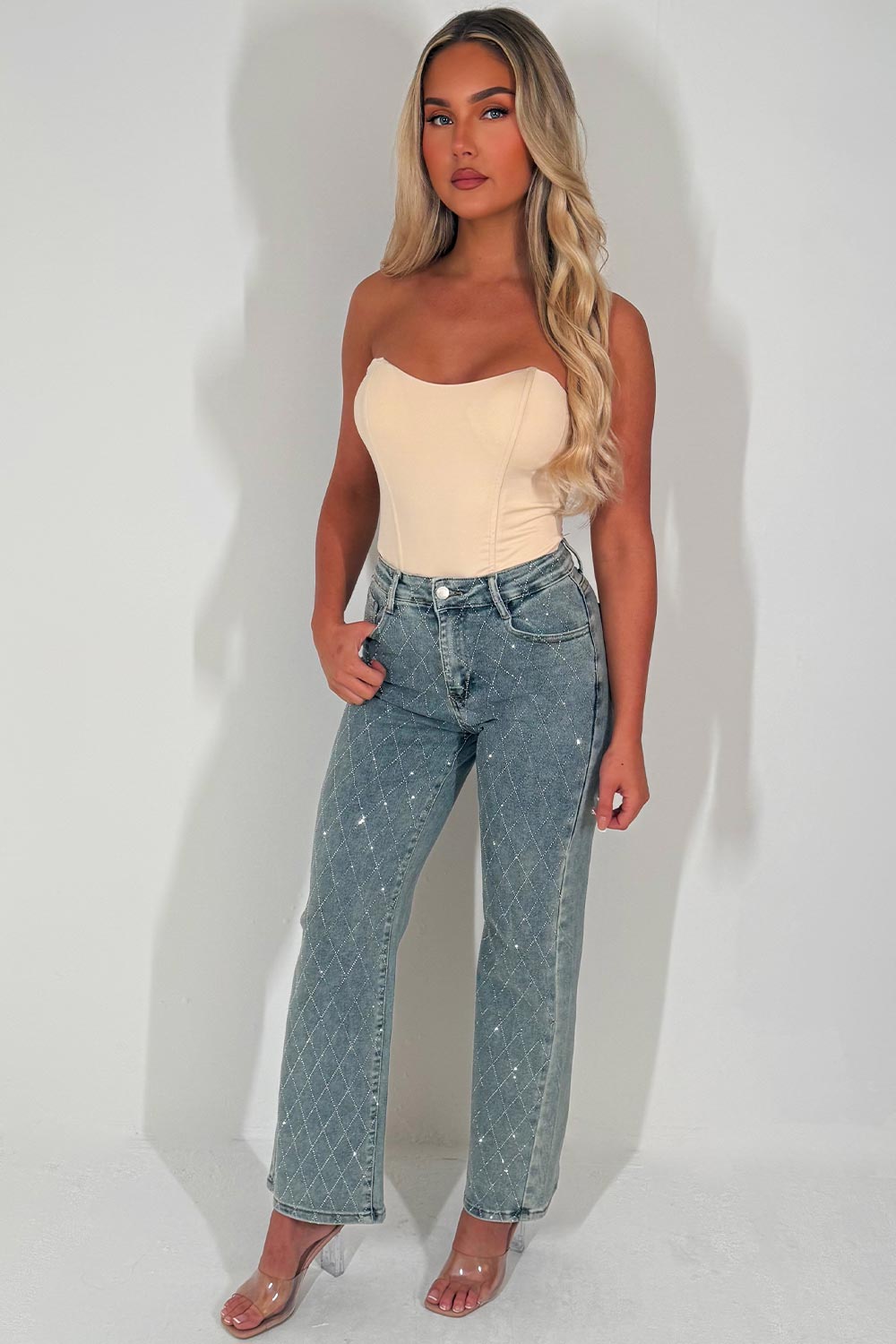 diamante rhinestone relaxed oversize denim blue jeans womens uk