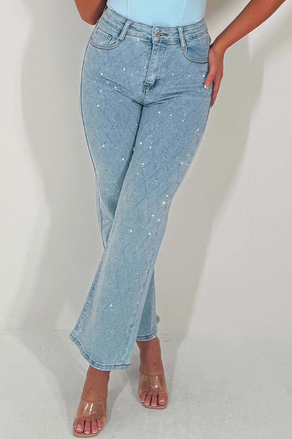 womens diamante rhinestone jeans denim blue