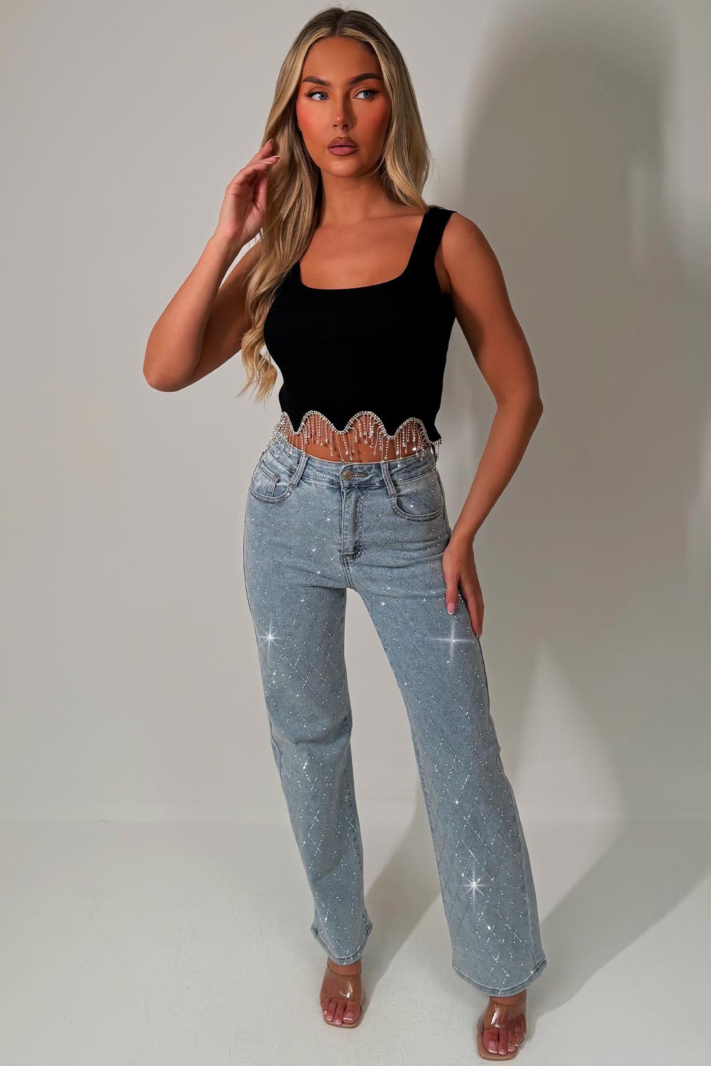 womens diamante jeans stretchy wide leg high waisted denim styledup uk sale
