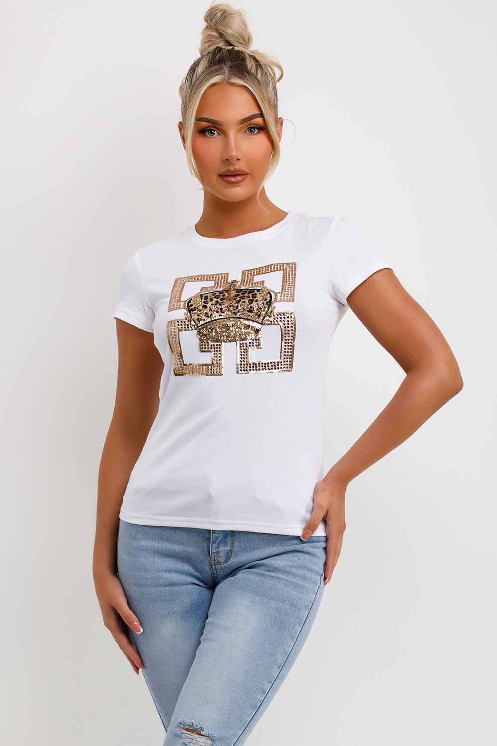 womens white t shirt with diamante crown embellishment