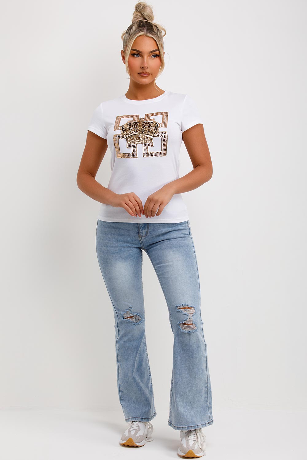 womens white t shirt with sparkly diamante crown embellishment
