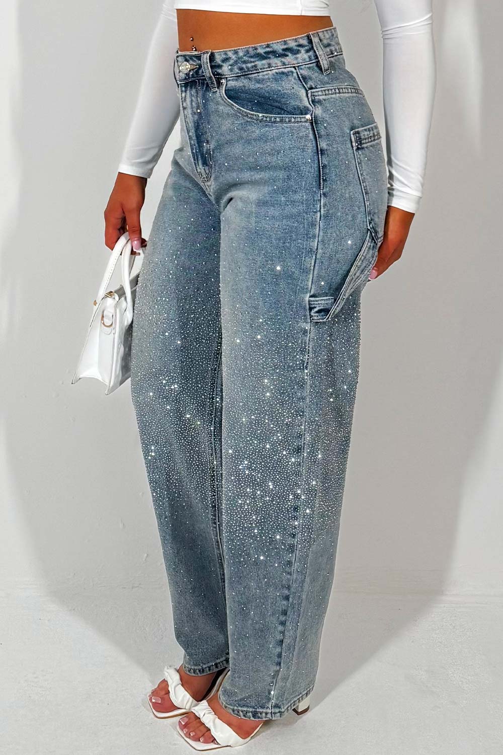 diamante rhinestone relaxed oversize jeans womens uk