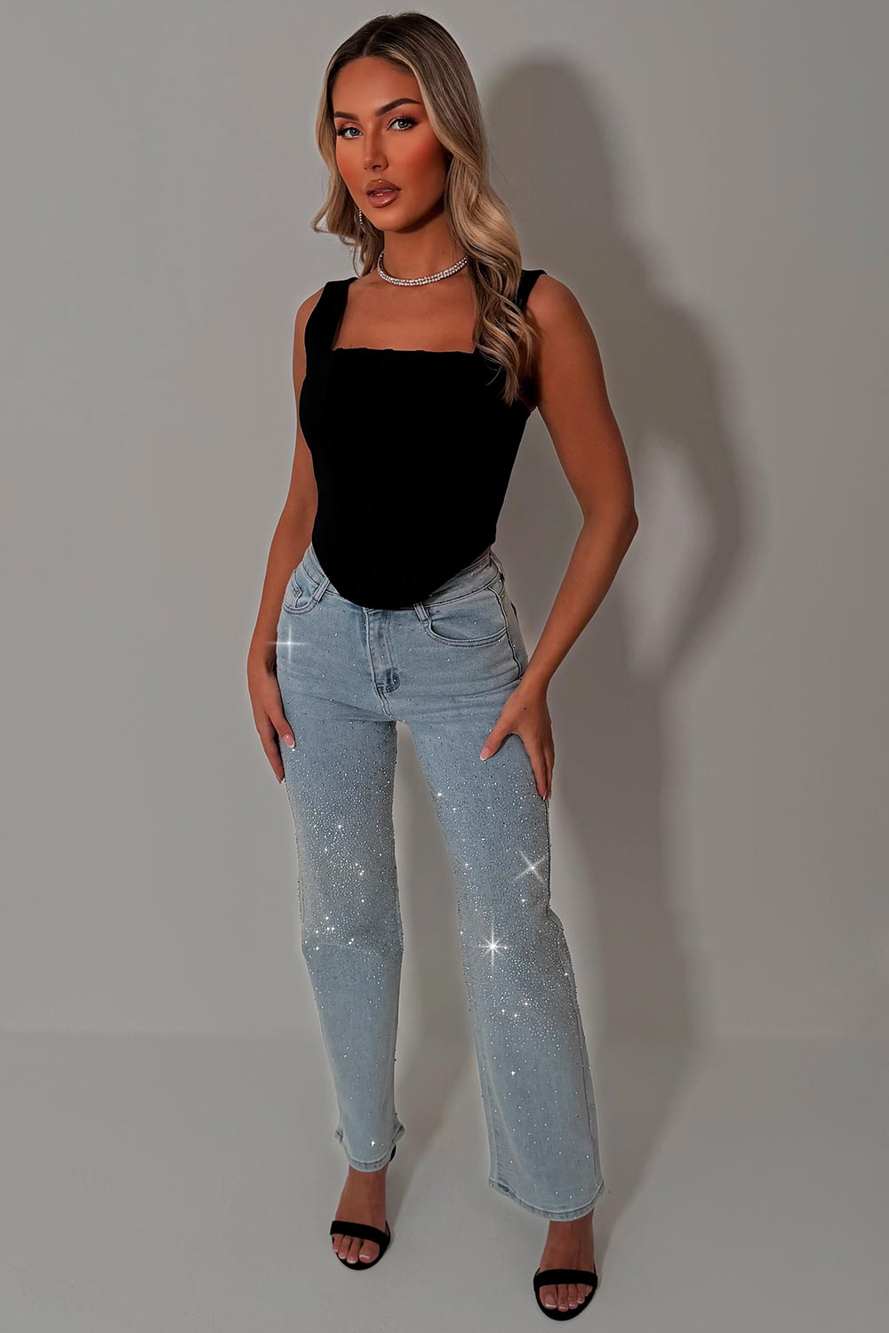 diamante rhinestone high waist womens jeans zara uk styledup