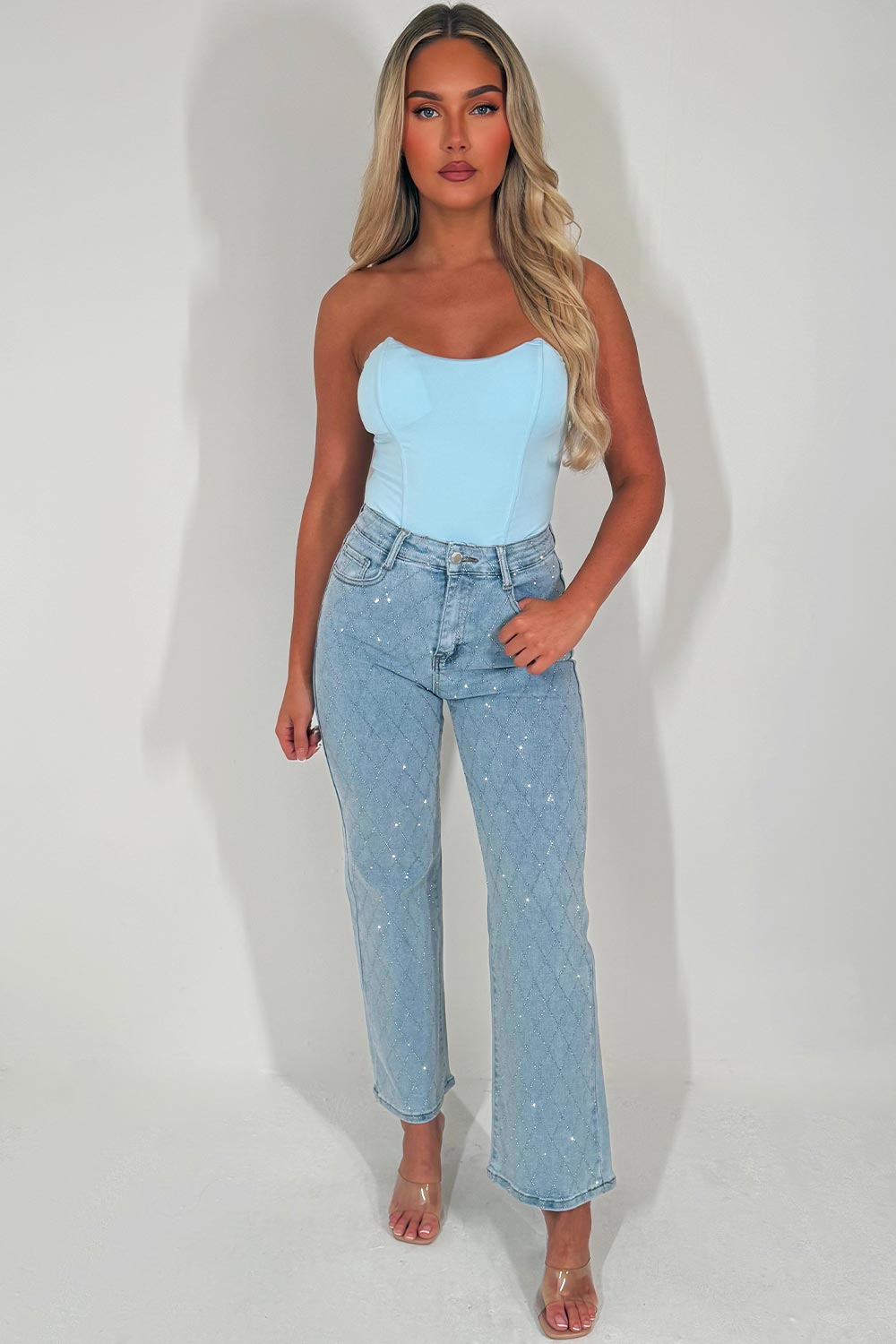 diamante rhinestone relaxed oversize denim blue jeans womens uk