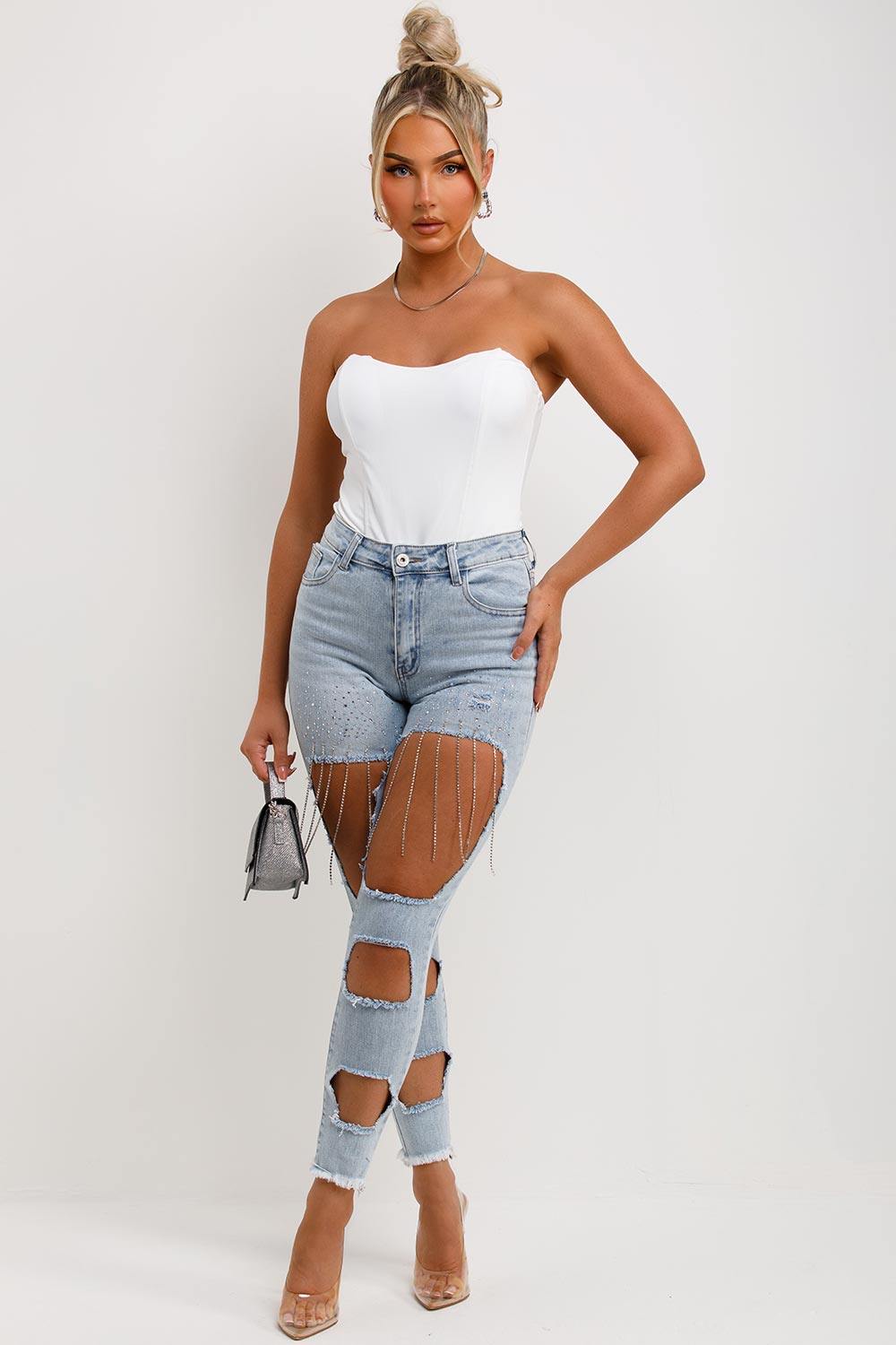 womens ripped skinny jeans with diamante detail