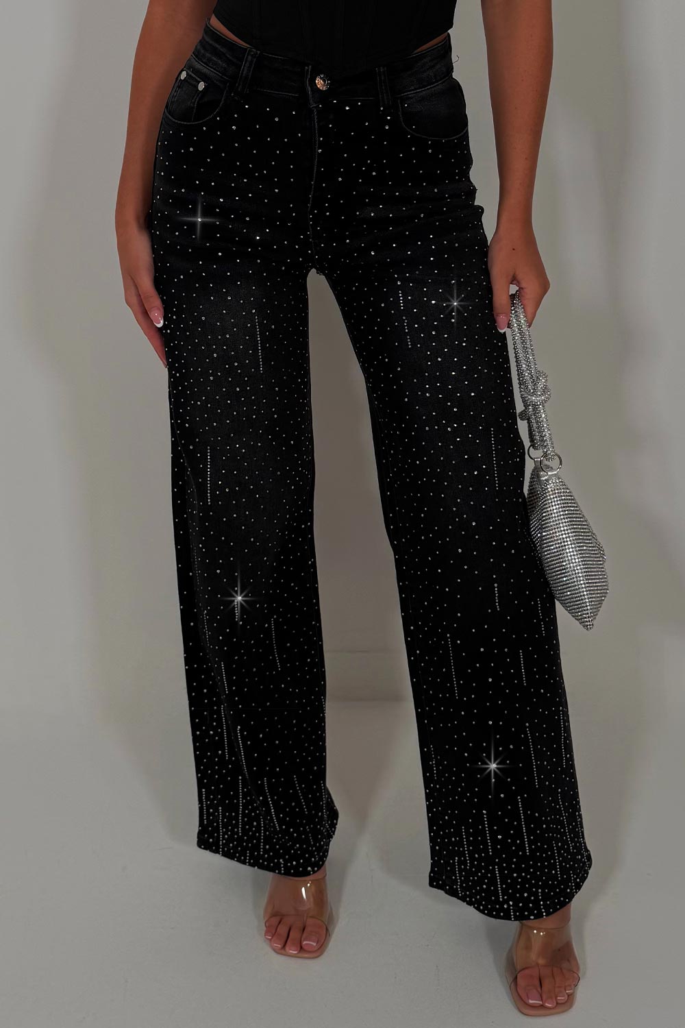 black denim high waist wide leg jeans with diamante rhinestones styledup