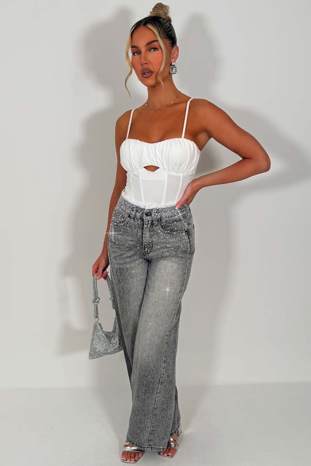 denim grey diamante rhinestone jeans with lace trim womens