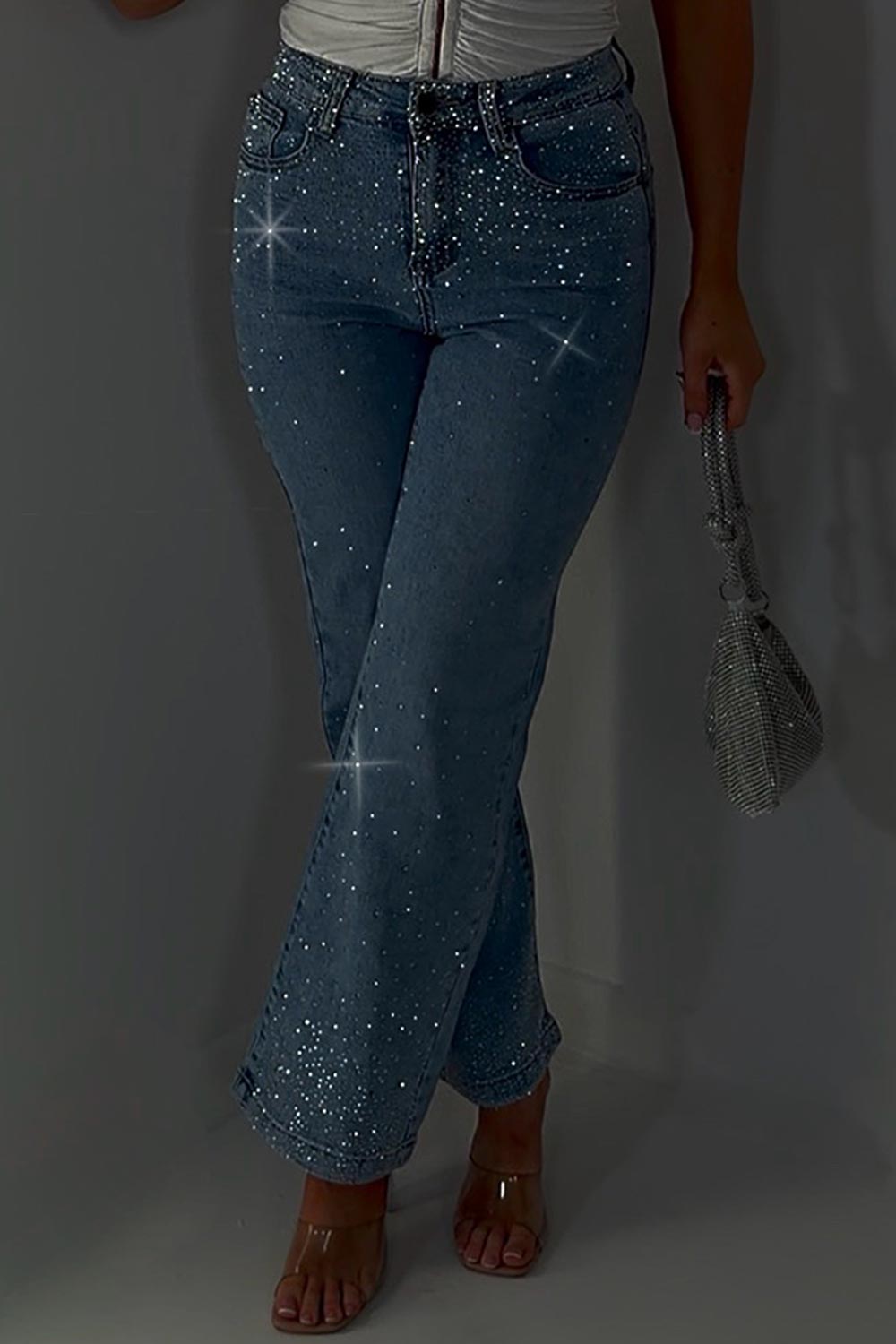 diamante rhinestone relaxed oversize denim blue jeans womens uk