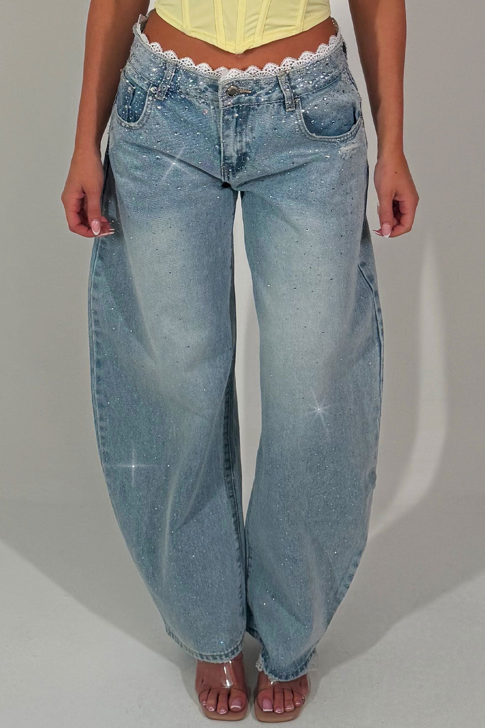 denim high waist wide leg jeans with lace trim and diamante rhinestones styledup zara uk