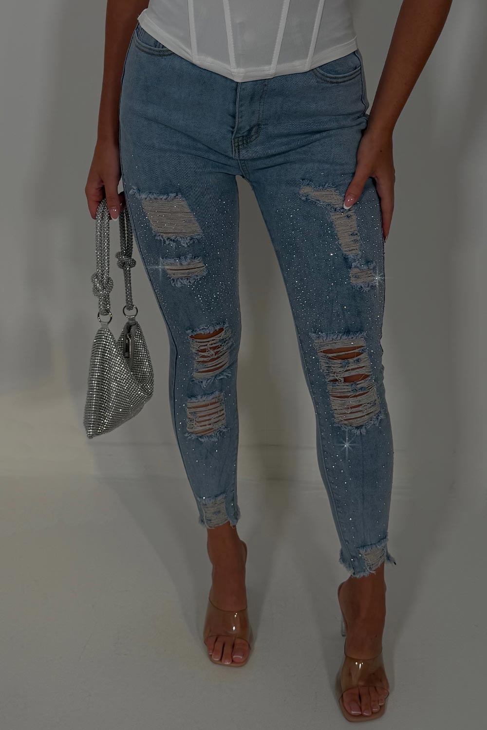 diamante rhinestone skinny ripped denim blue jeans womens uk