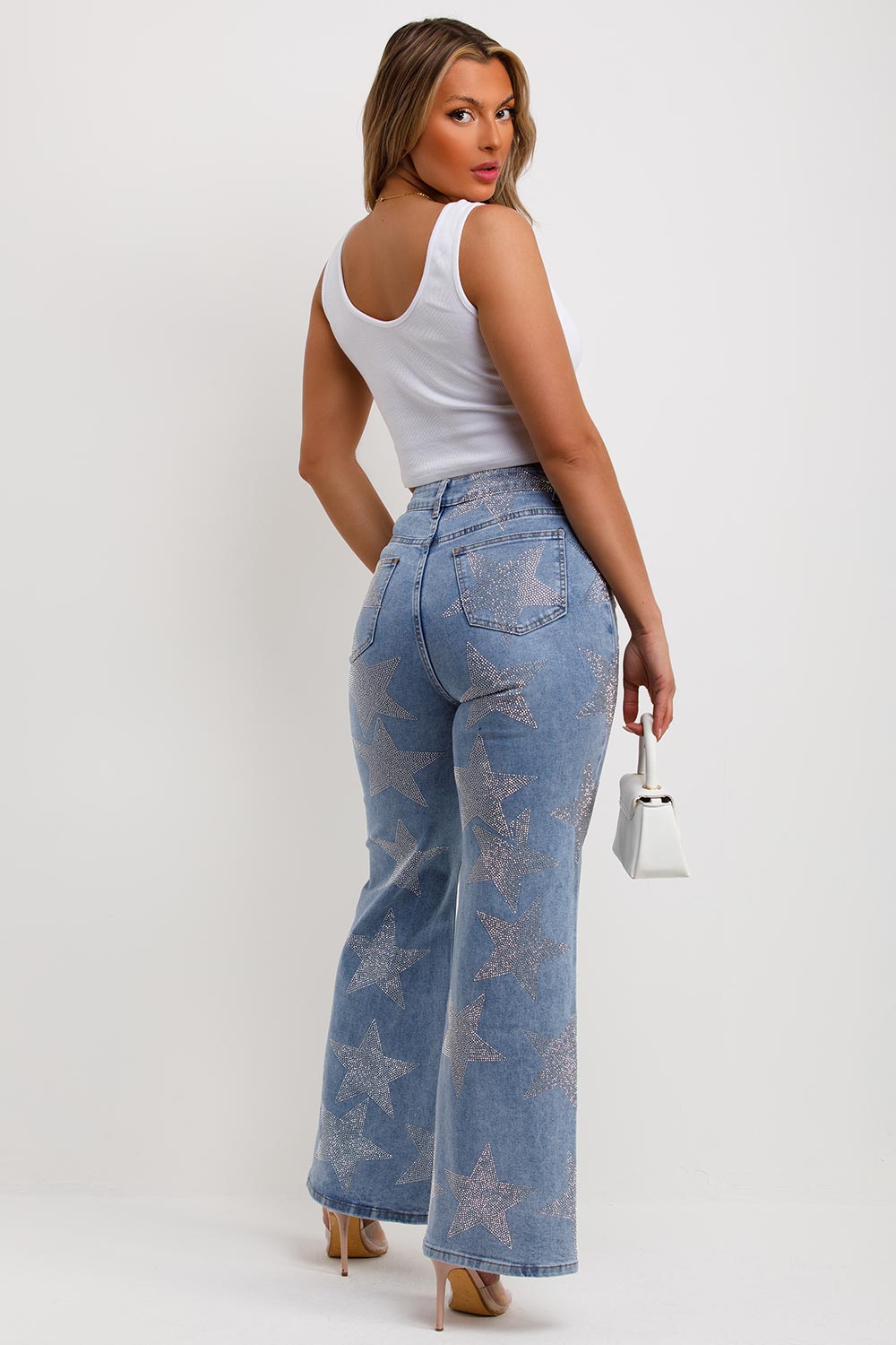 womens star diamante jeans flared leg