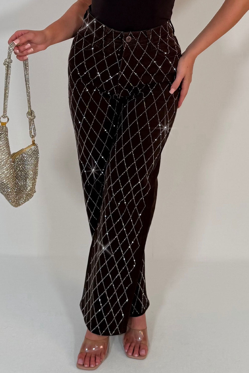 womens wide leg denim brown diamante jeans styledup uk sale