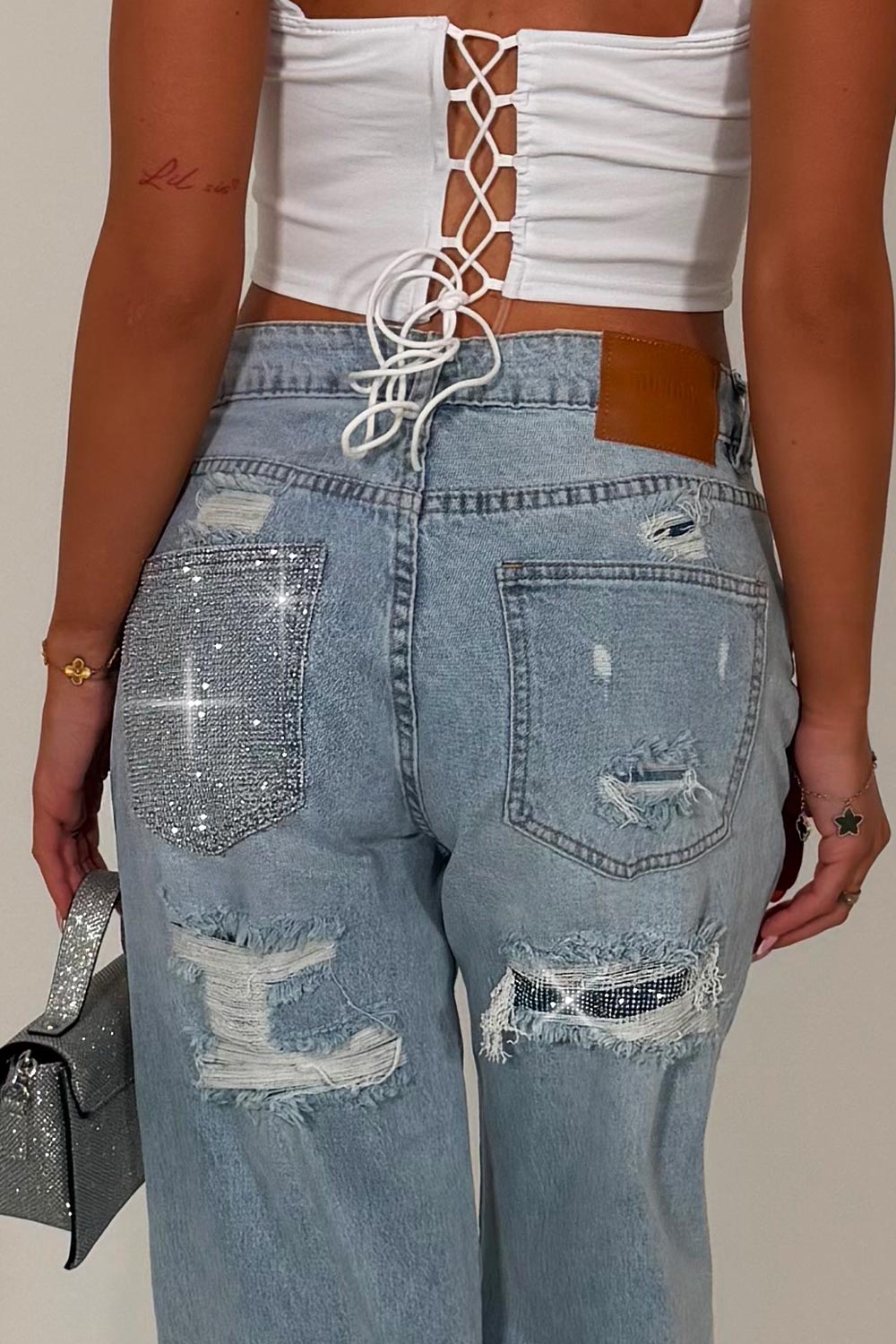 diamante rhinestone relaxed oversize jeans womens uk
