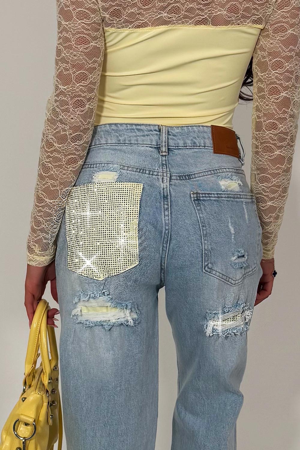 diamante rhinestone high waisted jeans denim blue womens