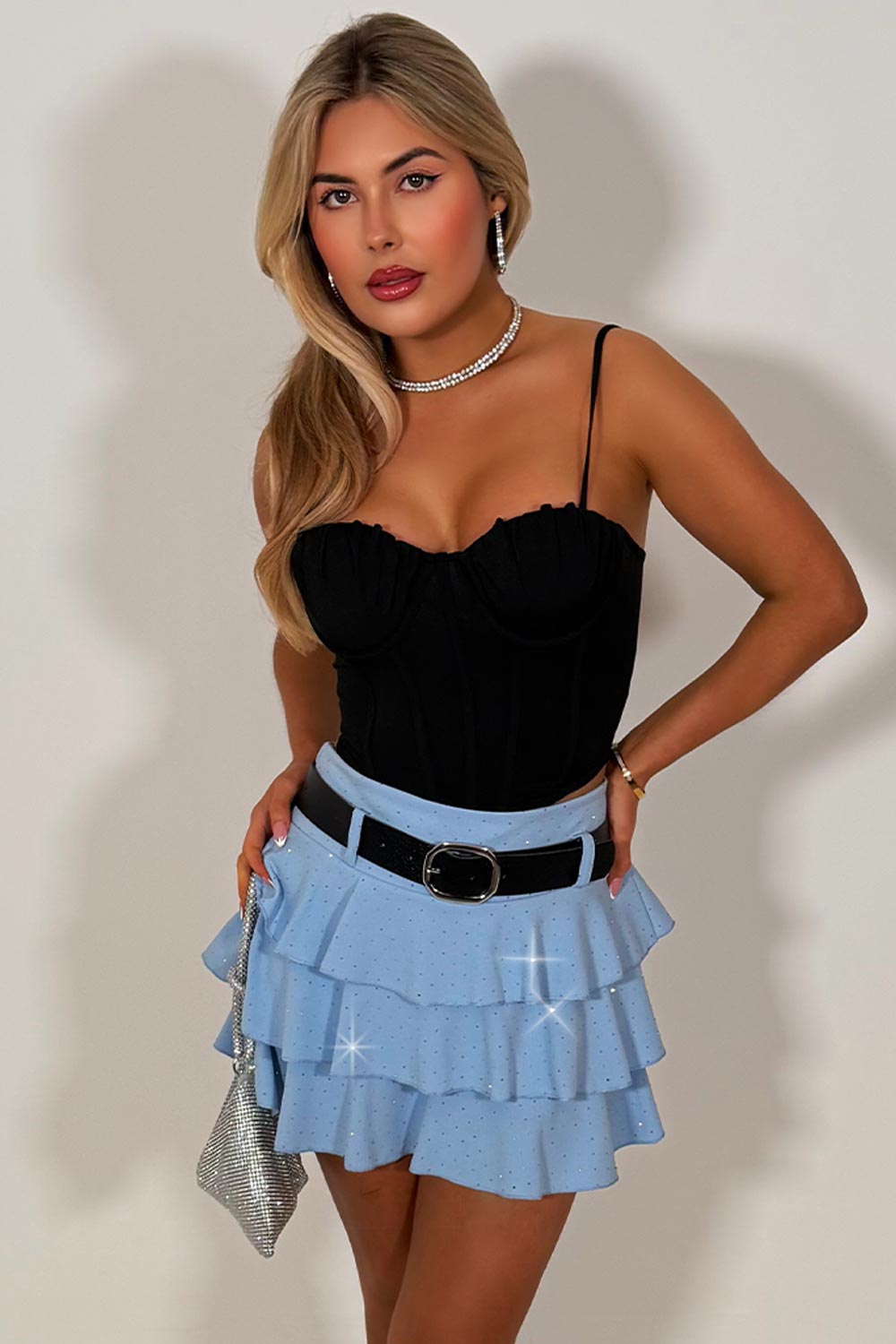 sky blue ruffle skort with diamante rhinestones styledup fashion