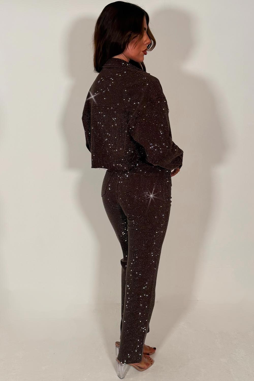 denim brown jacket with diamante rhinestone detail zara womens uk