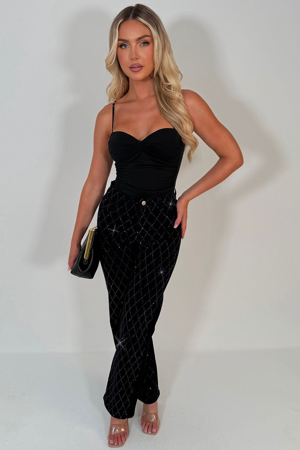 womens wide leg denim black diamante jeans styledup uk sale